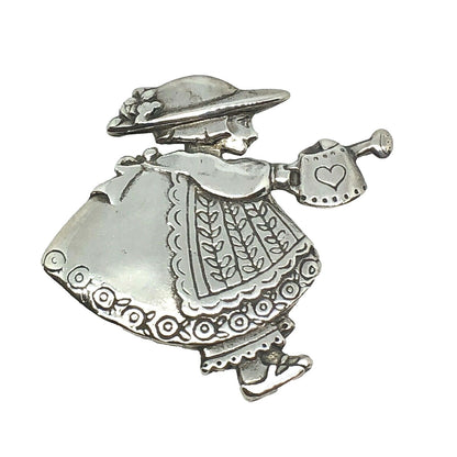 Sterling Silver Colonial Girl Gardening Day Pin Brooch 925 Vintage Design 12.2g
