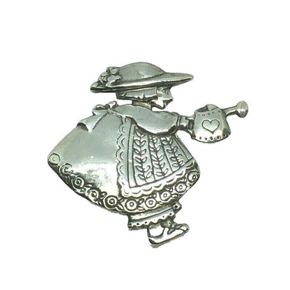 Sterling Silver Colonial Girl Gardening Day Pin Brooch 925 Vintage Design 12.2g