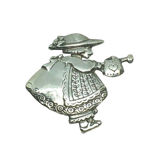 Sterling Silver Colonial Girl Gardening Day Pin Brooch 925 Vintage Design 12.2g