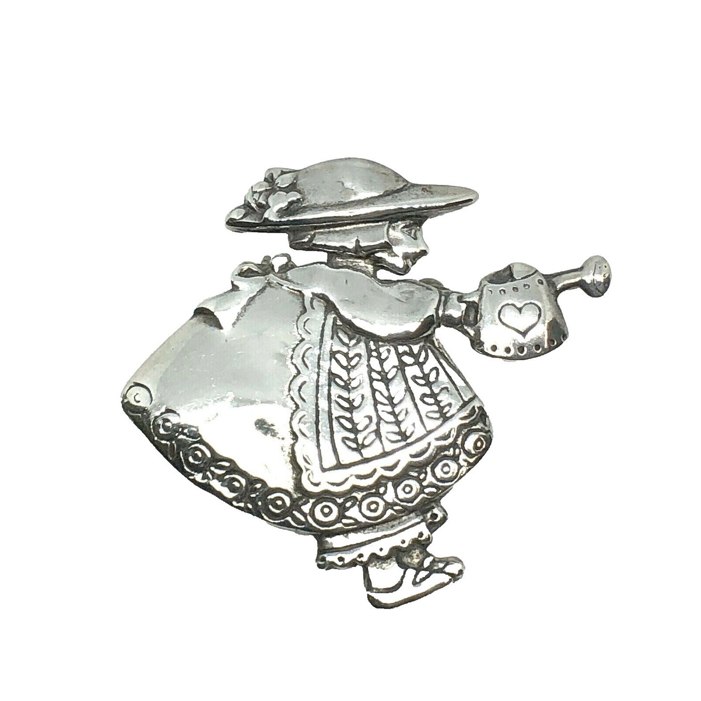 Sterling Silver Colonial Girl Gardening Day Pin Brooch 925 Vintage Design 12.2g