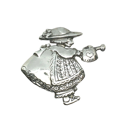 Sterling Silver Colonial Girl Gardening Day Pin Brooch 925 Vintage Design 12.2g