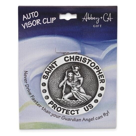 Silver-tone ST. CHRISTOPHER PROTECT US Visor Clip