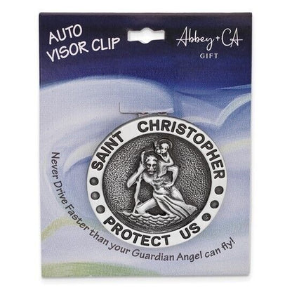 Silver-tone ST. CHRISTOPHER PROTECT US Visor Clip