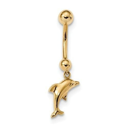 14K Yellow Gold Dolphin Dangle Belly Ring 14 Gauge Navel Jewelry