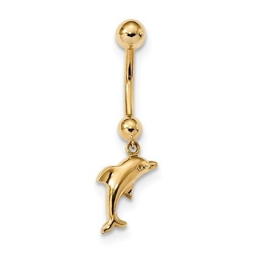 14K Yellow Gold Dolphin Dangle Belly Ring 14 Gauge Navel Jewelry
