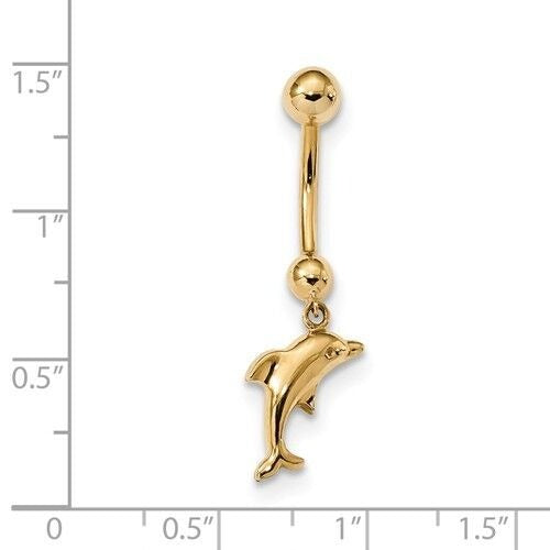 14K Yellow Gold Dolphin Dangle Belly Ring 14 Gauge Navel Jewelry