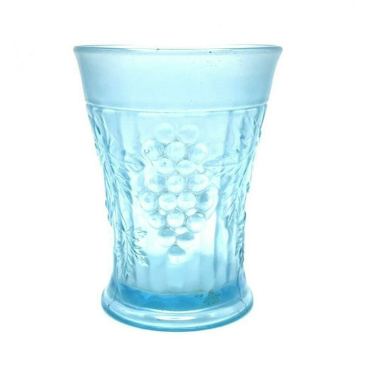 Vintage Blue Carnival Glass Vase With Grape & Leaf Pattern 6 Inches Tall Flared Rim Design Elegant Home Decor