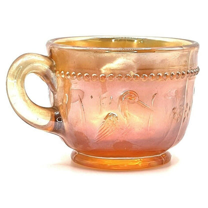 Vintage Carnival Glass Cup Iridescent Marigold Crane Bird Pattern