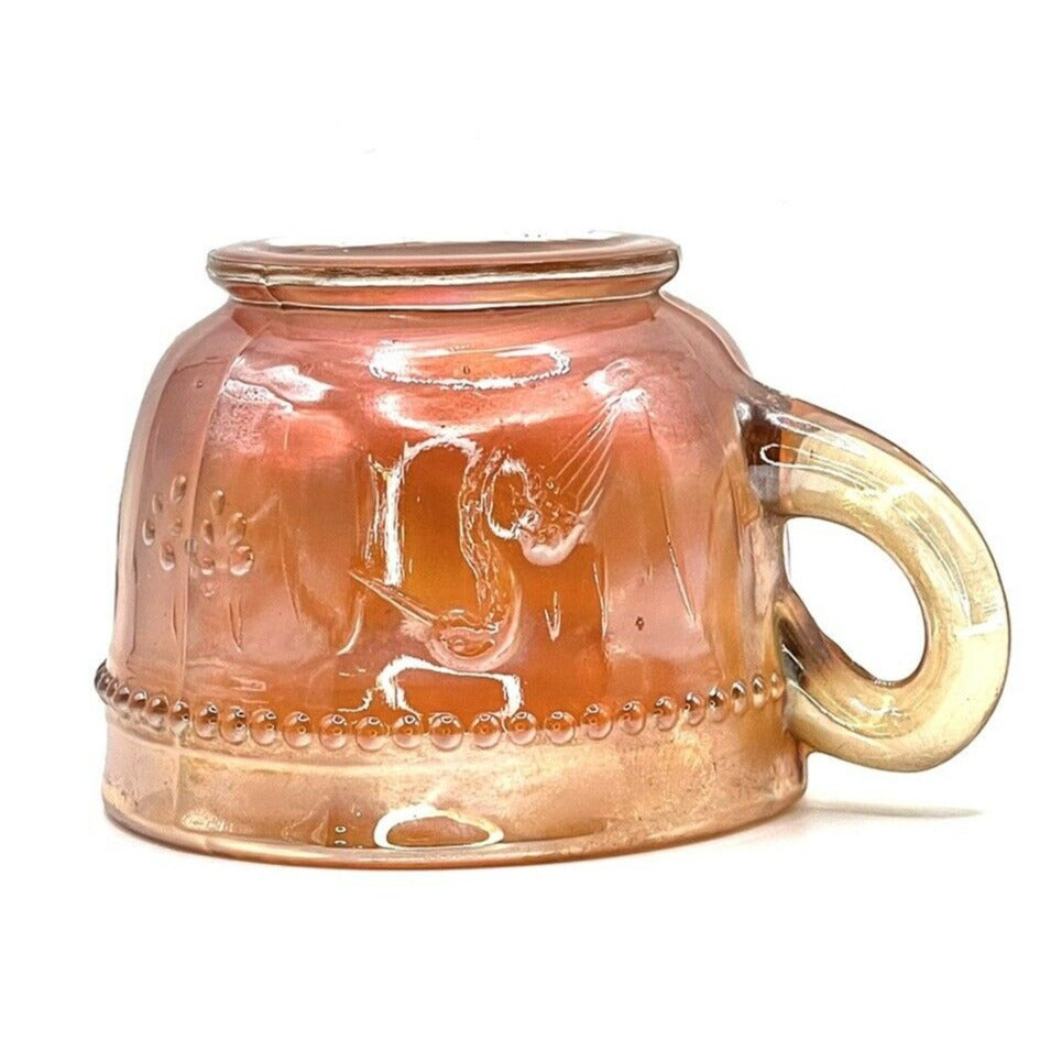 Vintage Carnival Glass Cup Iridescent Marigold Crane Bird Pattern