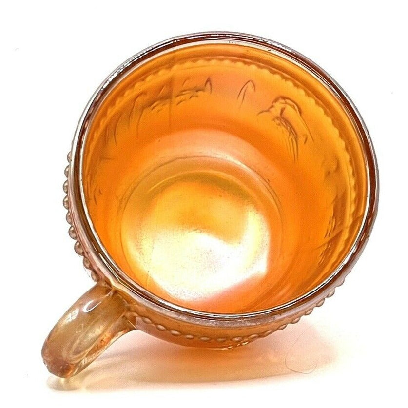 Vintage Carnival Glass Cup Iridescent Marigold Crane Bird Pattern