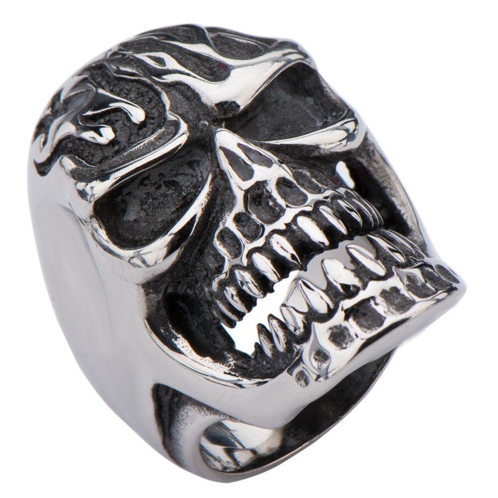 Mens Stainless Steel Skull Ring With Flamed Design Size 11