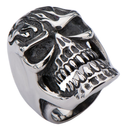 Mens Stainless Steel Skull Ring With Flamed Design Size 11