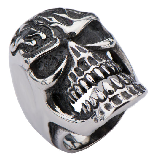 Mens Stainless Steel Skull Ring With Flamed Design Size 11