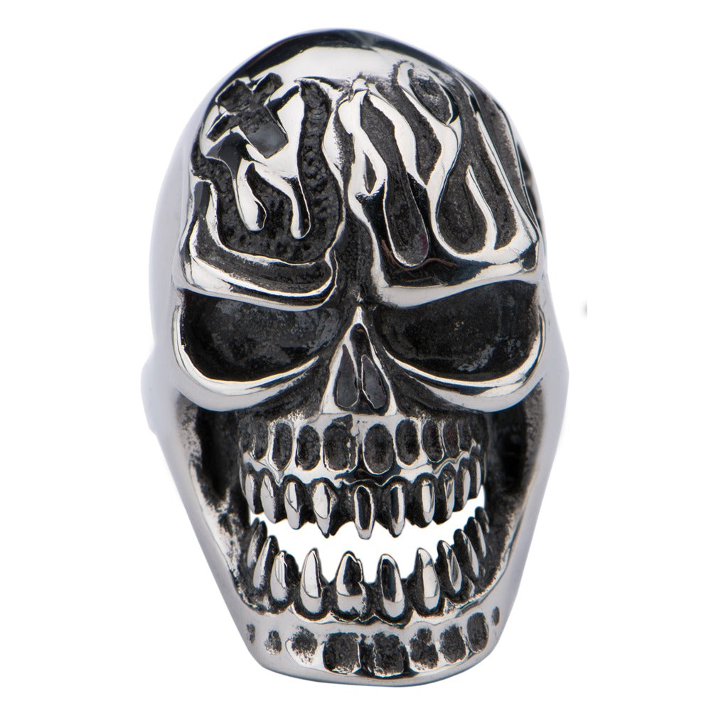 Mens Stainless Steel Skull Ring With Flamed Design Size 11