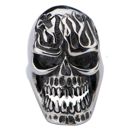 Mens Stainless Steel Skull Ring With Flamed Design Size 11