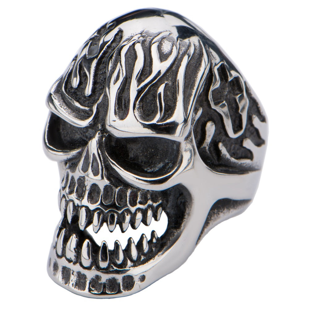 Mens Stainless Steel Skull Ring With Flamed Design Size 11