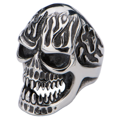Mens Stainless Steel Skull Ring With Flamed Design Size 11