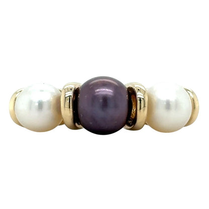 Three-Stone White & Black Pearl 10k Yellow Gold Ring 3.4g Size 7