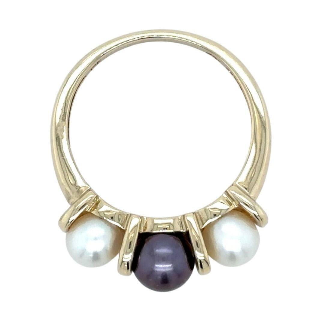 Three-Stone White & Black Pearl 10k Yellow Gold Ring 3.4g Size 7