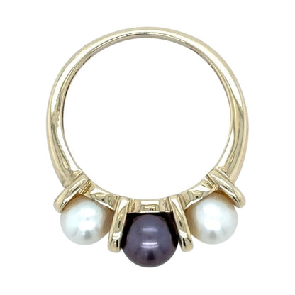 Three-Stone White & Black Pearl 10k Yellow Gold Ring 3.4g Size 7