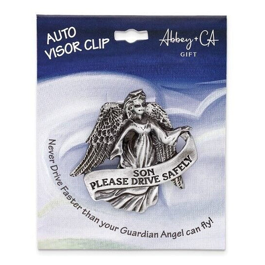 Pewter Finish SON PLEASE DRIVE SAFELY Guardian Angel Visor Clip
