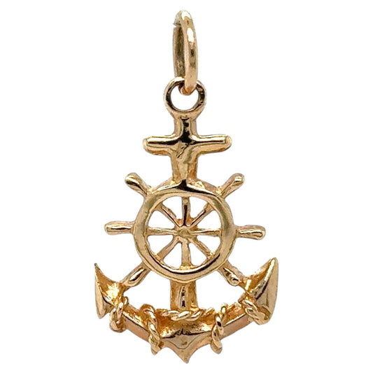 Anchor with Wheel 14k Yellow Gold Pendant Charm 1.8g