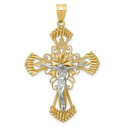 14K Two-Tone Gold Crucifix Pendant Intricate Filigree Design