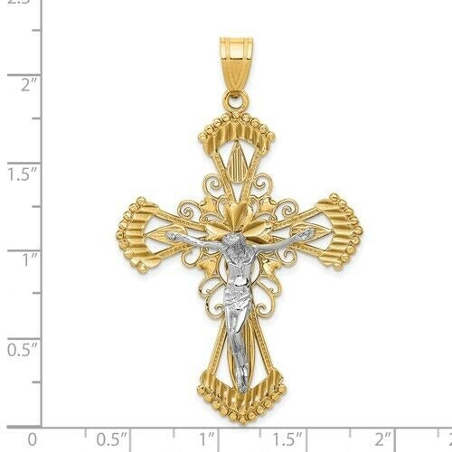 14K Two-Tone Gold Crucifix Pendant Intricate Filigree Design