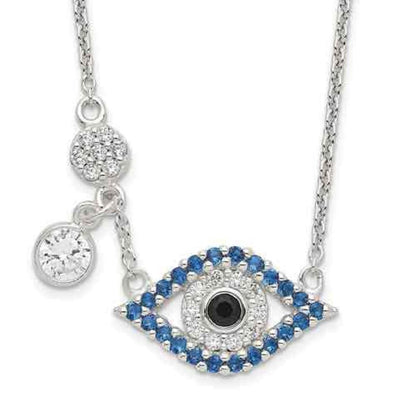 Sterling Silver CZ Evil Eye Pendant Necklace 18" Blue & Clear Cubic Zirconia