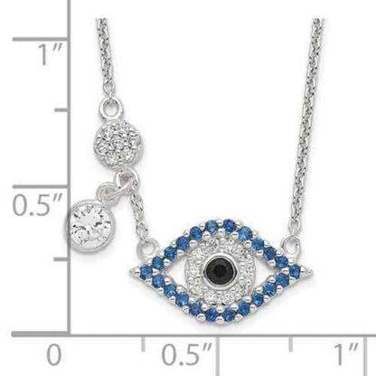 Sterling Silver CZ Evil Eye Pendant Necklace 18" Blue & Clear Cubic Zirconia