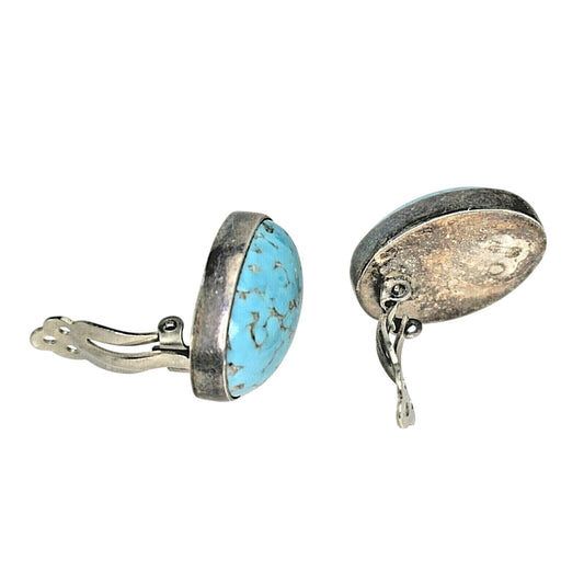 Turquoise Oval Clip-On Earrings Solid Sterling Silver 925 Non-Pierced 20.7g Vintage Style