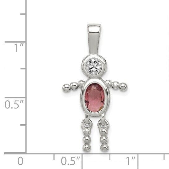 Sterling Silver Rhodium-plated CZ and Birthstone Pink June Glass Boy Pendant