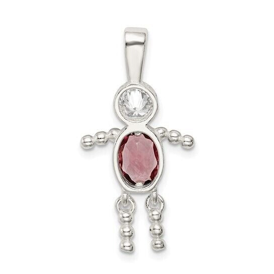 Sterling Silver Rhodium-plated CZ and Birthstone Pink June Glass Boy Pendant