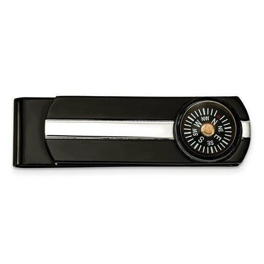 Stainless Steel Polished Black IP-Plated Compass Money Clip