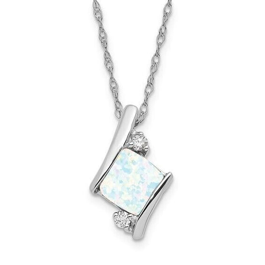 10K White Gold Created Opal & Diamond Pendant Necklace Cable Chain