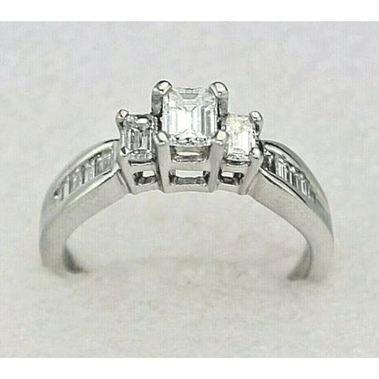 Exquisite 1.25 TCW Diamond Engagement Ring In Solid Platinum Emerald Cut Solitaire With Accents Size 9.75 8.1 g VVS Clarity G-H Color