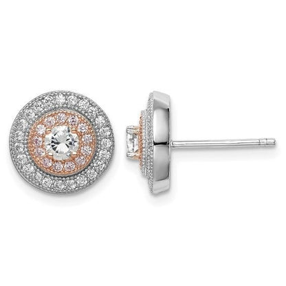 Sterling Silver Rhodium and Rose Gold-plated Pavé CZ Circle Post Earrings
