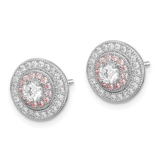 Sterling Silver Rhodium and Rose Gold-plated Pavé CZ Circle Post Earrings