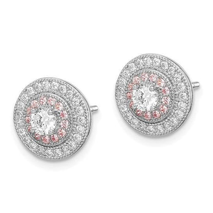 Sterling Silver Rhodium and Rose Gold-plated Pavé CZ Circle Post Earrings