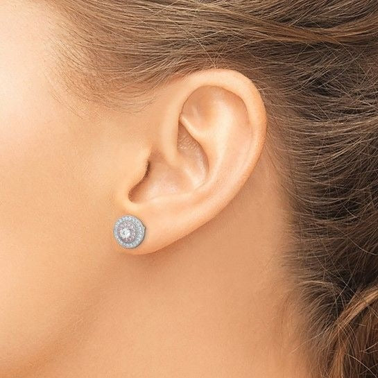 Sterling Silver Rhodium and Rose Gold-plated Pavé CZ Circle Post Earrings