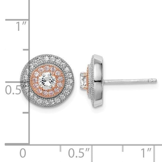 Sterling Silver Rhodium and Rose Gold-plated Pavé CZ Circle Post Earrings