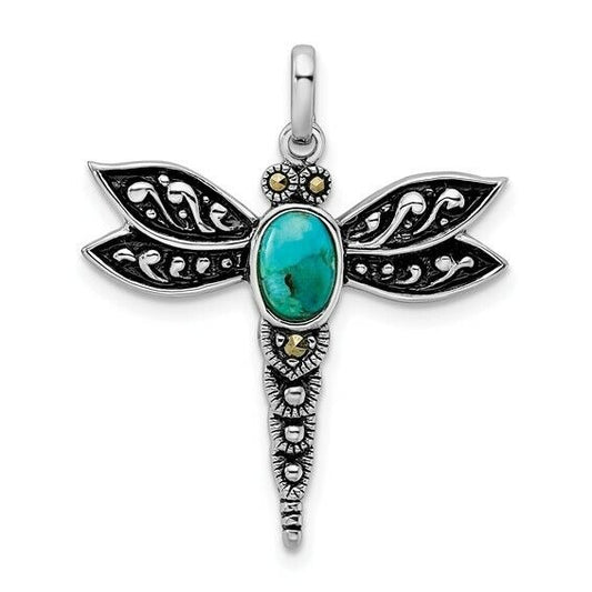 Sterling Silver Rhodium Oxidized Dragonfly Pendant With Recon Turquoise & Marcasite Gemstones