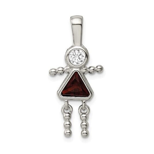 Sterling Silver Rhodium-plated CZ and Birthstone Red January Glass Girl Pendant