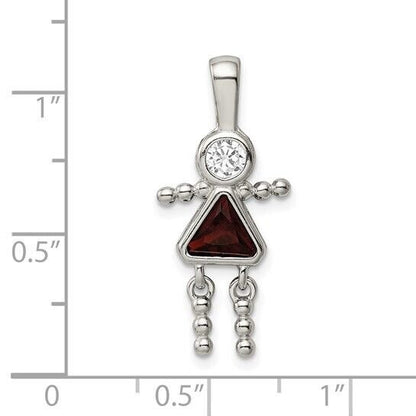 Sterling Silver Rhodium-plated CZ and Birthstone Red January Glass Girl Pendant
