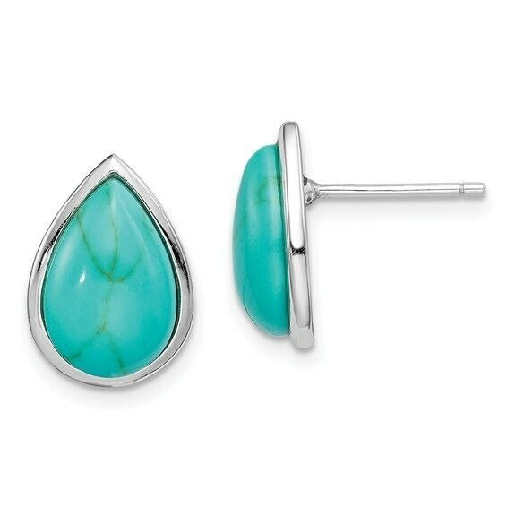 Sterling Silver Rhodium-Plated Teardrop Earrings With Imitation Turquoise Gemstones