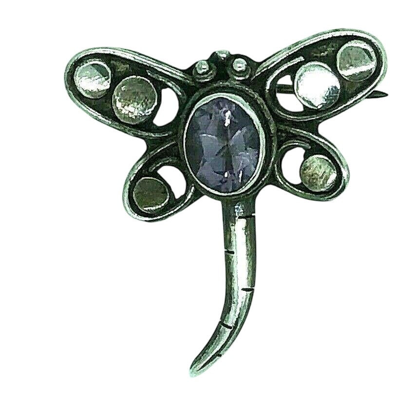 Vintage Amethyst Dragonfly Pin .925 Sterling Silver 5.1g