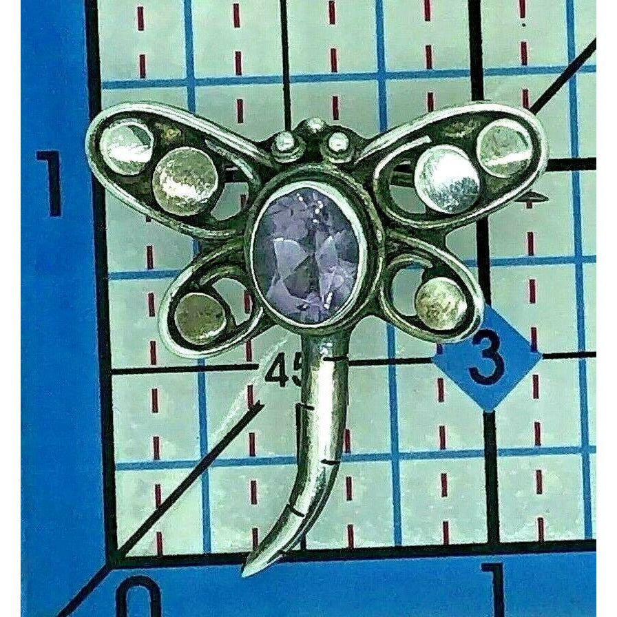 Vintage Amethyst Dragonfly Pin .925 Sterling Silver 5.1g