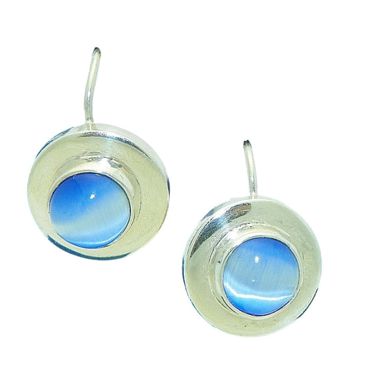 Hook Dangle Earrings .925 Sterling Silver Blue Cat Eye Stone