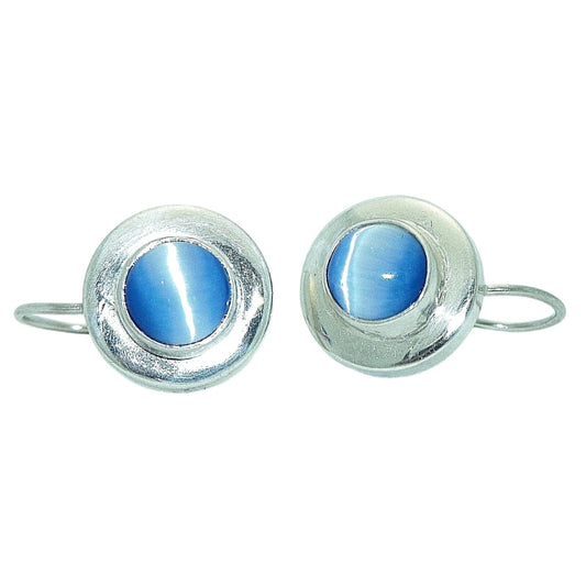 Hook Dangle Earrings .925 Sterling Silver Blue Cat Eye Stone
