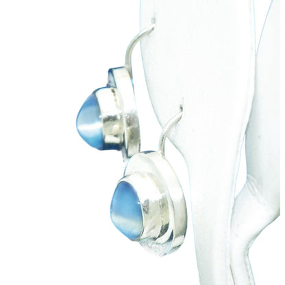 Hook Dangle Earrings .925 Sterling Silver Blue Cat Eye Stone